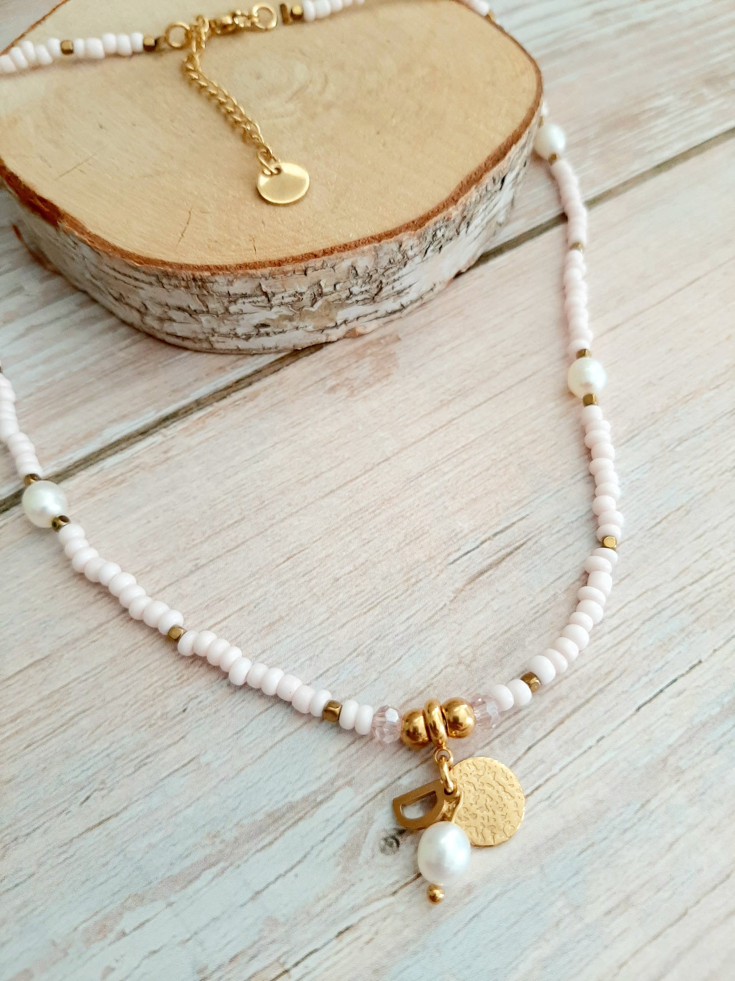 Collier choker "PINKY" - personnalisable - perles et acier inoxydable doré