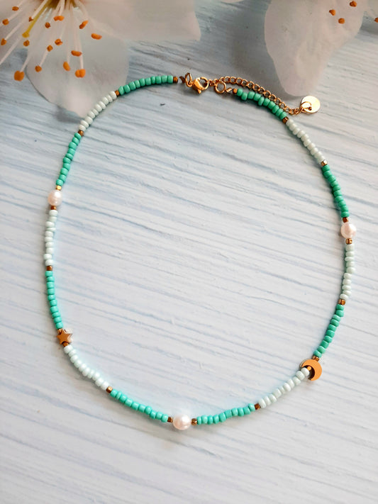 Collier choker "AZUR" - perles et acier inoxydable doré