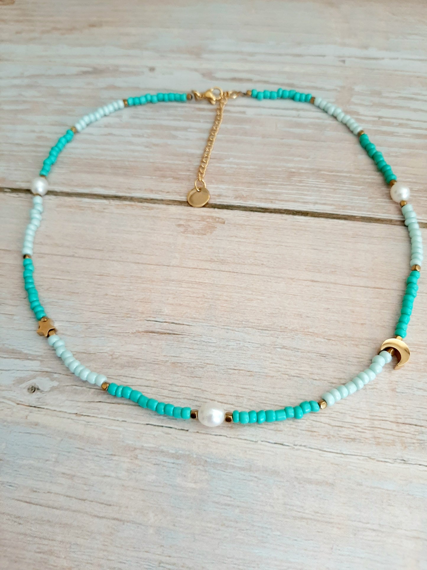 Collier choker "AZUR" - perles et acier inoxydable doré
