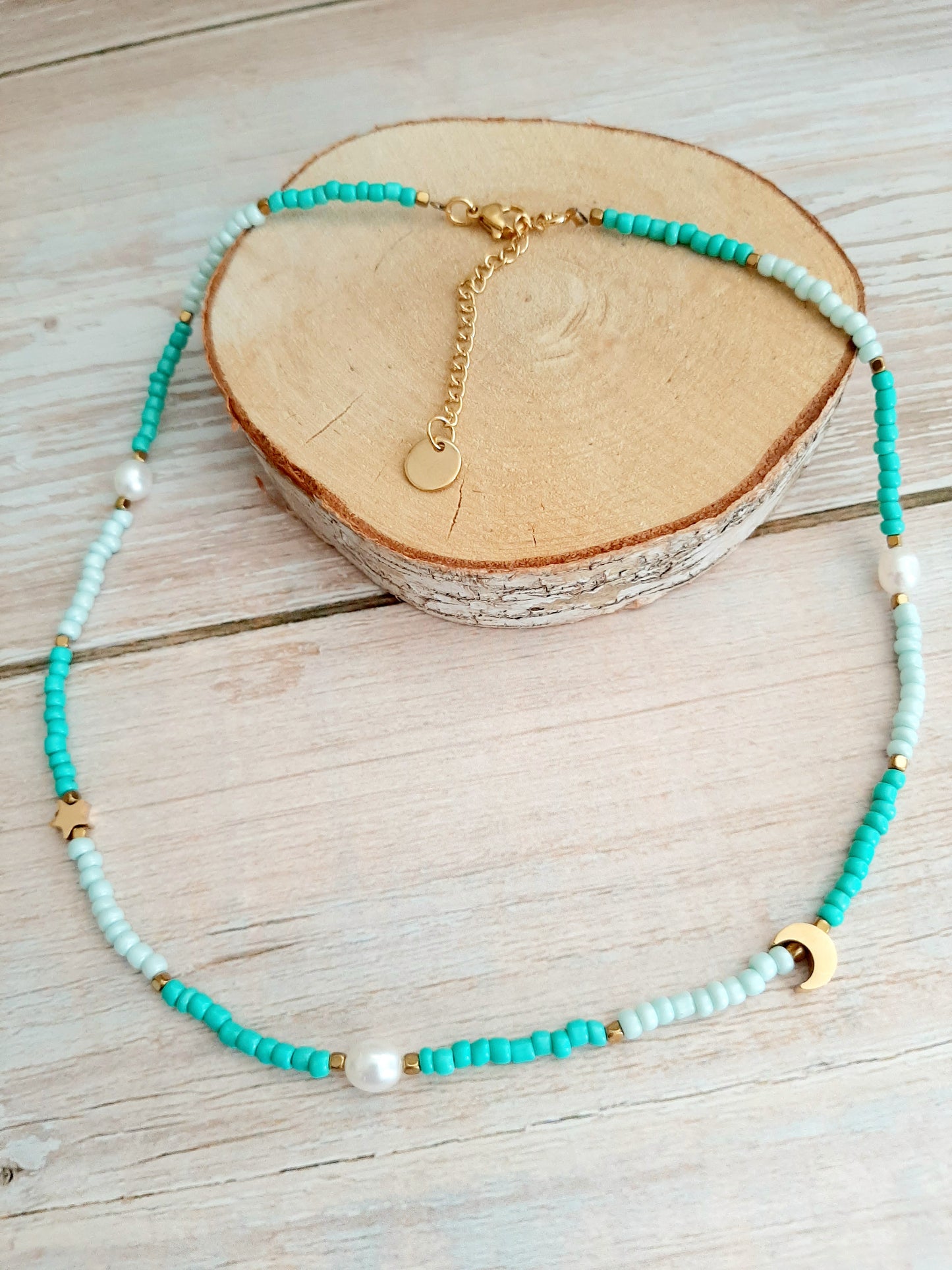 Collier choker "AZUR" - perles et acier inoxydable doré