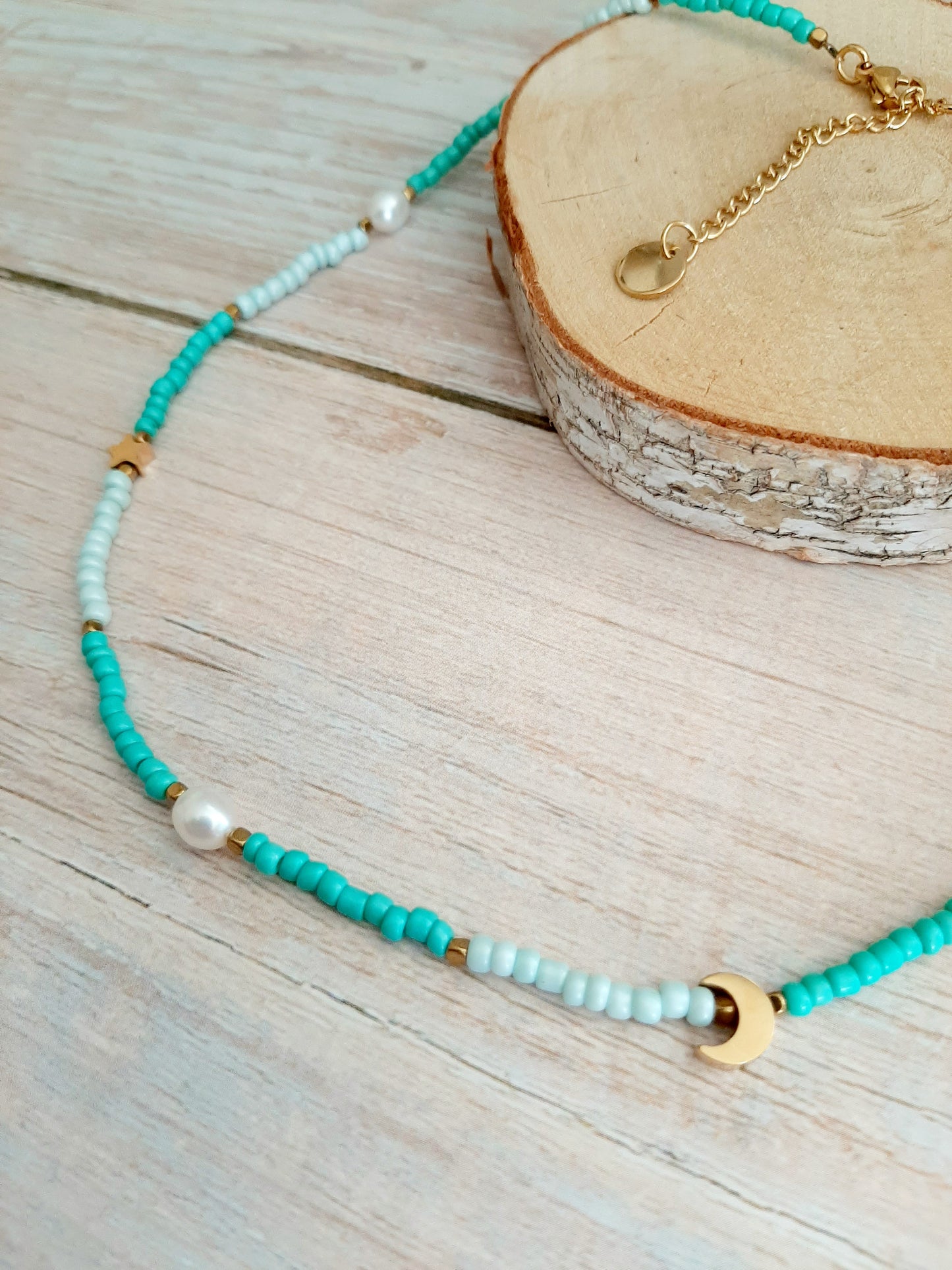 Collier choker "AZUR" - perles et acier inoxydable doré