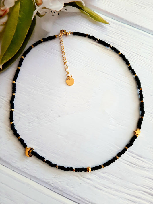Collier choker "MIDNIGHT" - perles et acier inoxydable doré