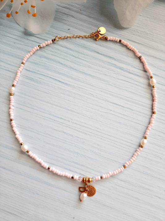 Collier choker "PINKY" - personnalisable - perles et acier inoxydable doré