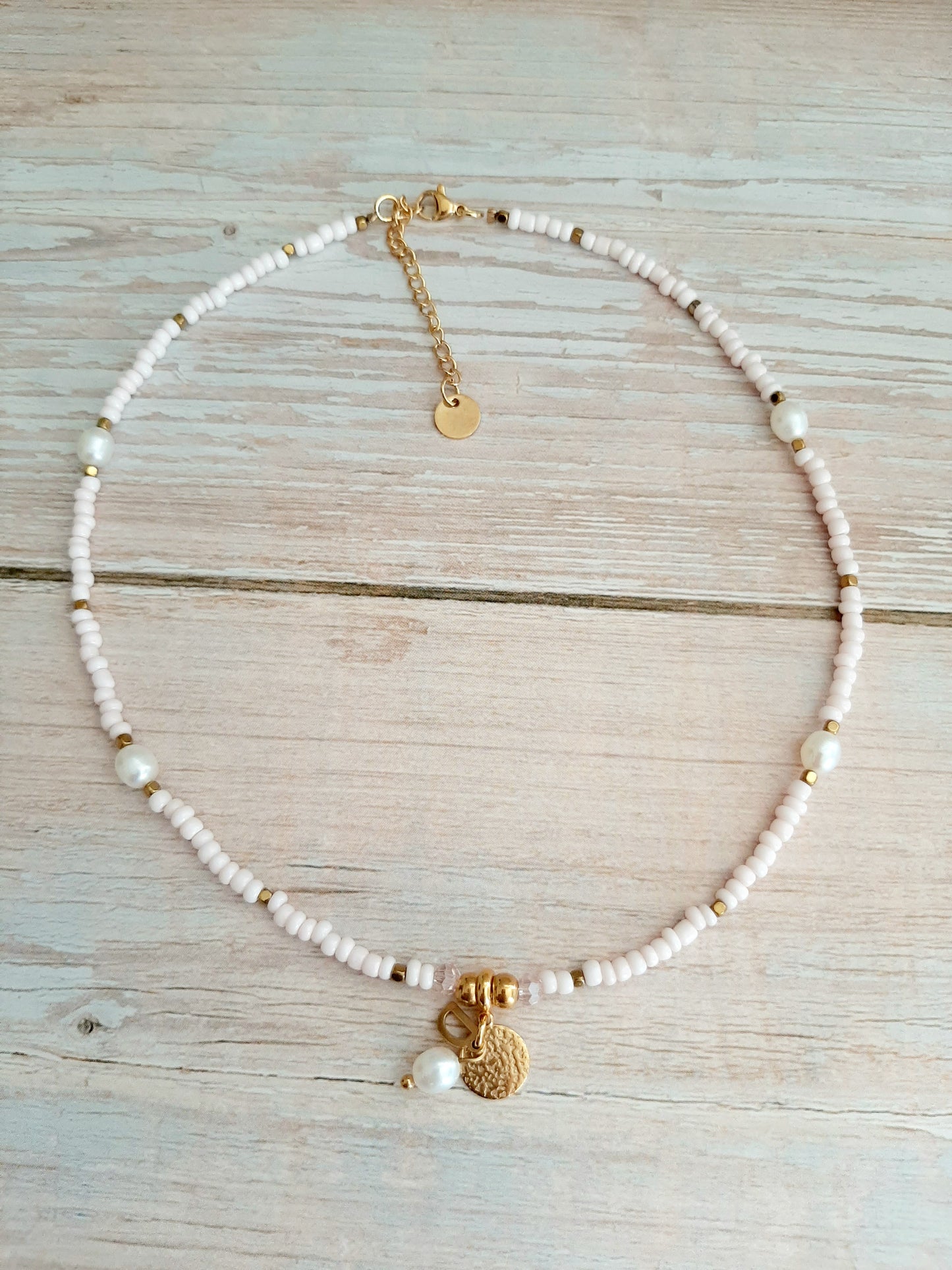 Collier choker "PINKY" - personnalisable - perles et acier inoxydable doré